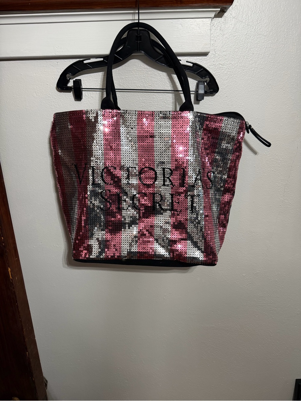 Victoria's Secret Pink and Silver Sequin Striped Tote